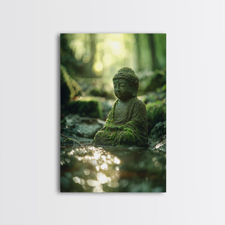Serene Moss covered Buddha Statue Meditation Forest Wall Art Framed Canvas Print For Zen Home Decor