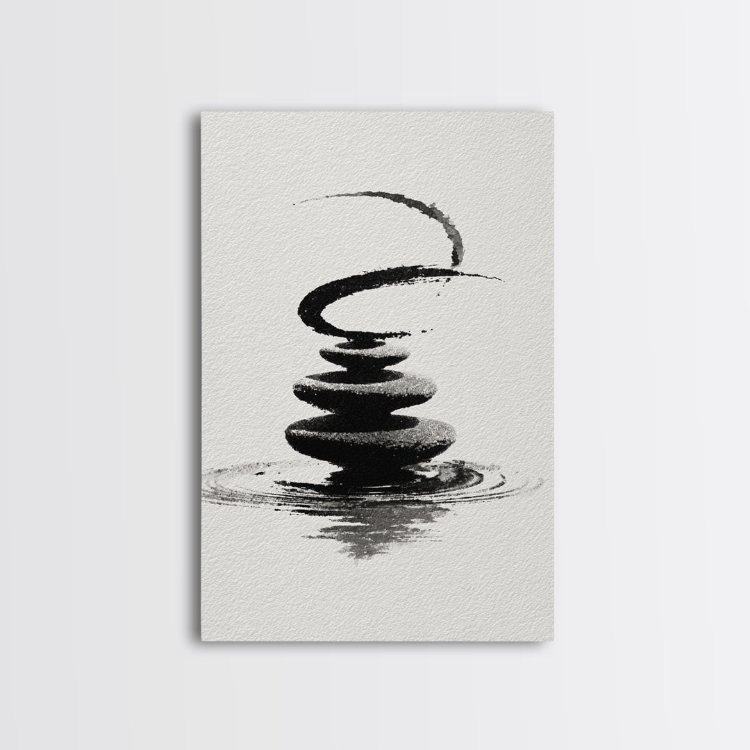 Zen Black And White Inkwash Painting Of Stacked Stones With Circle And Ripples Minimalist Wall Art For Office Decor Canvas Print