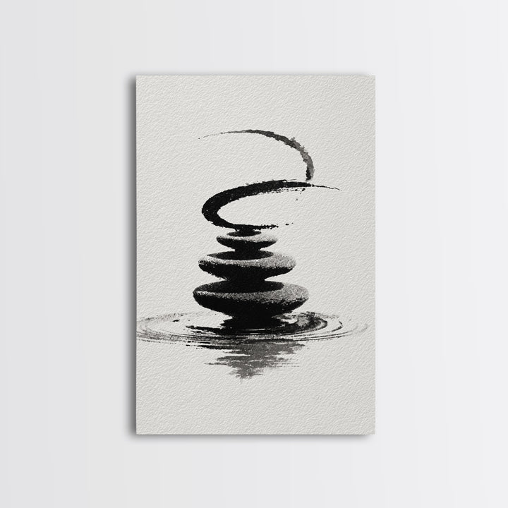 Zen Black And White Inkwash Painting Of Stacked Stones With Circle And Ripples Minimalist Wall Art For Office Decor Canvas Print