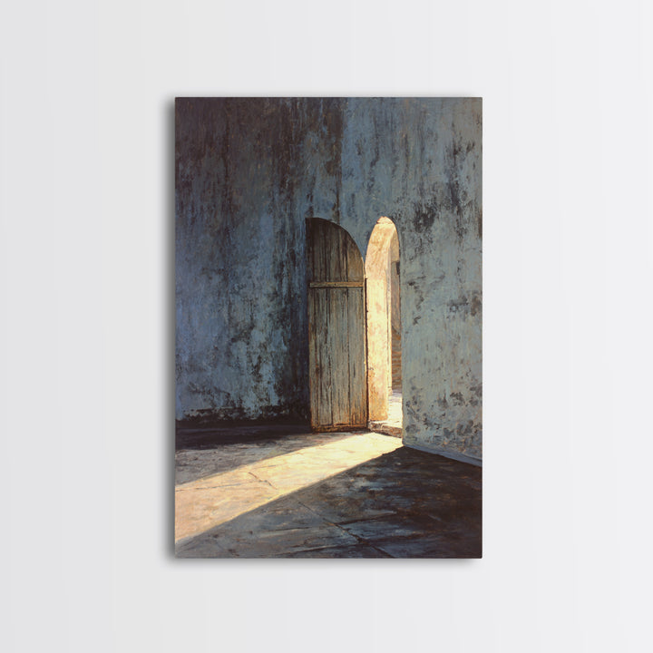 Sunlit Rustic Wooden Doorway In Textured Blue Wall Original Oil Painting Wall Art Framed Canvas Print Historic Architectural Art Print