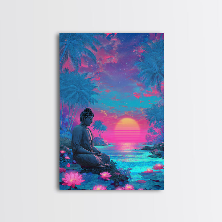 Vibrant Sunlit Buddha Amid Tropical Plants Calm Spiritual Wall Art Canvas Print For Meditation Room or Bedroom Decor