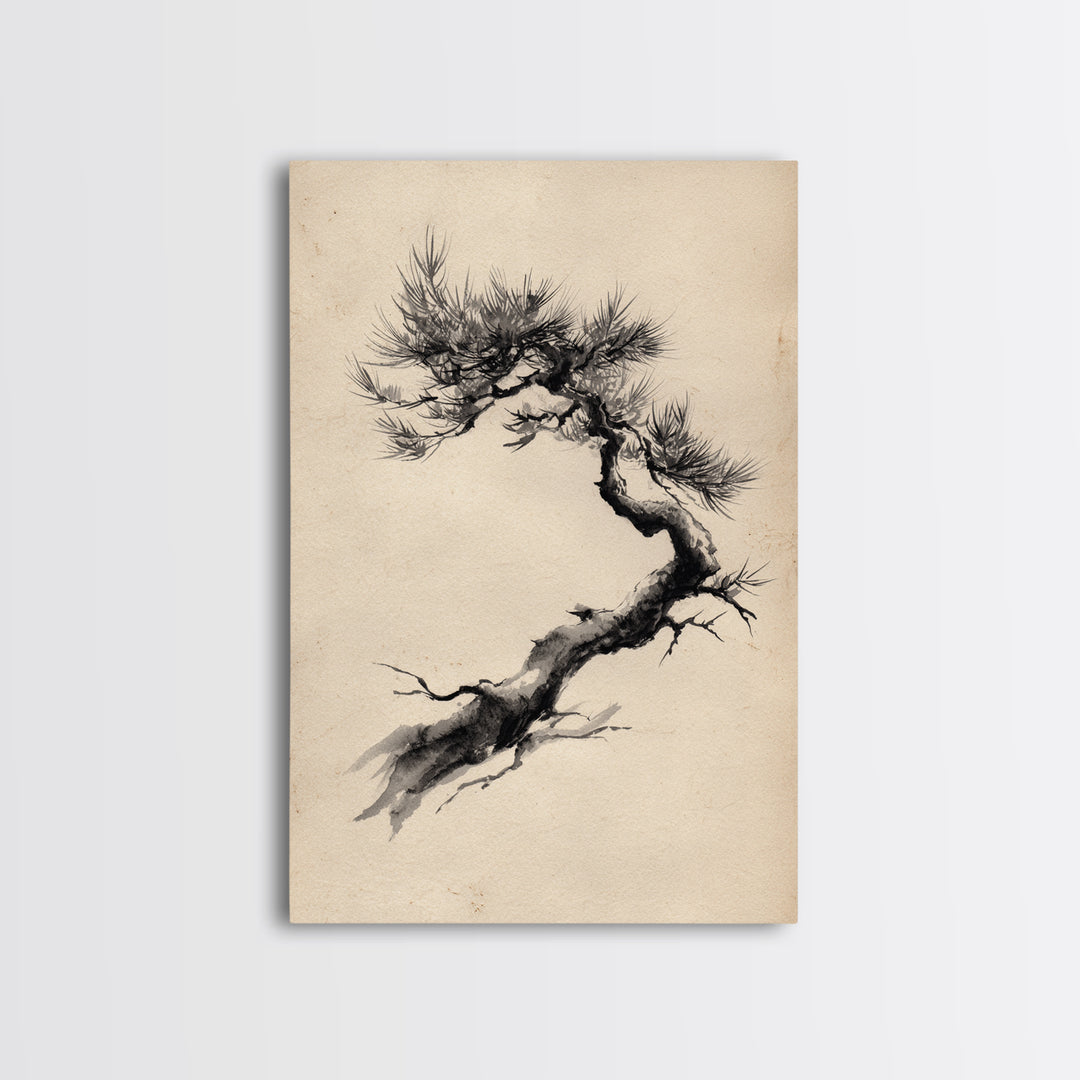 Elegant Black Ink Brush Style Bonsai Tree On Textured Natural Paper Minimalist Botanical Wall Art Print