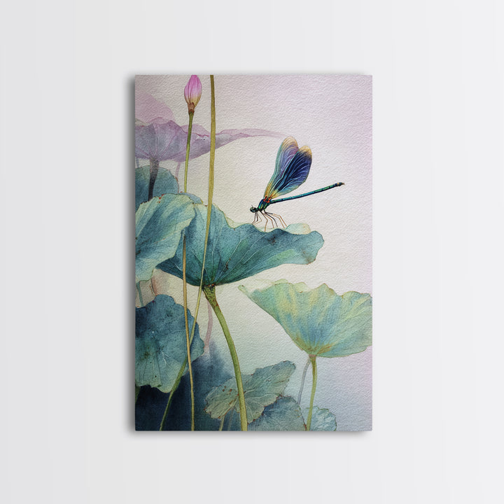 Elegant Watercolor Painting Of Dragonfly On Lotus Leaves With Soft Pastel Background Abstract Art Print Wall Art