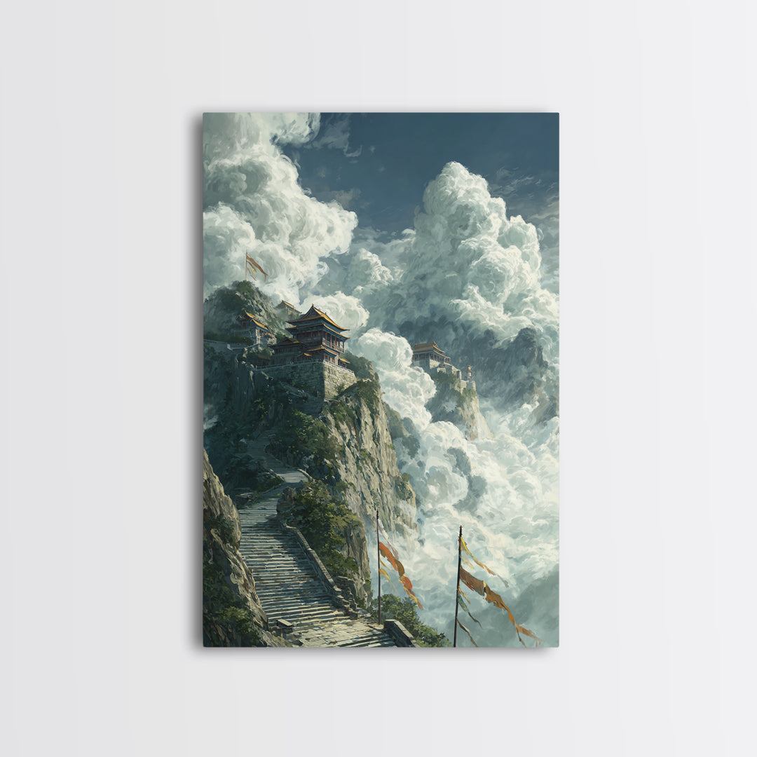 Epic Mountainous Landscape With Towering Clouds And Ancient Temple Original Scenic Wall Art Framed Canvas Print Dramatic Nature Painting