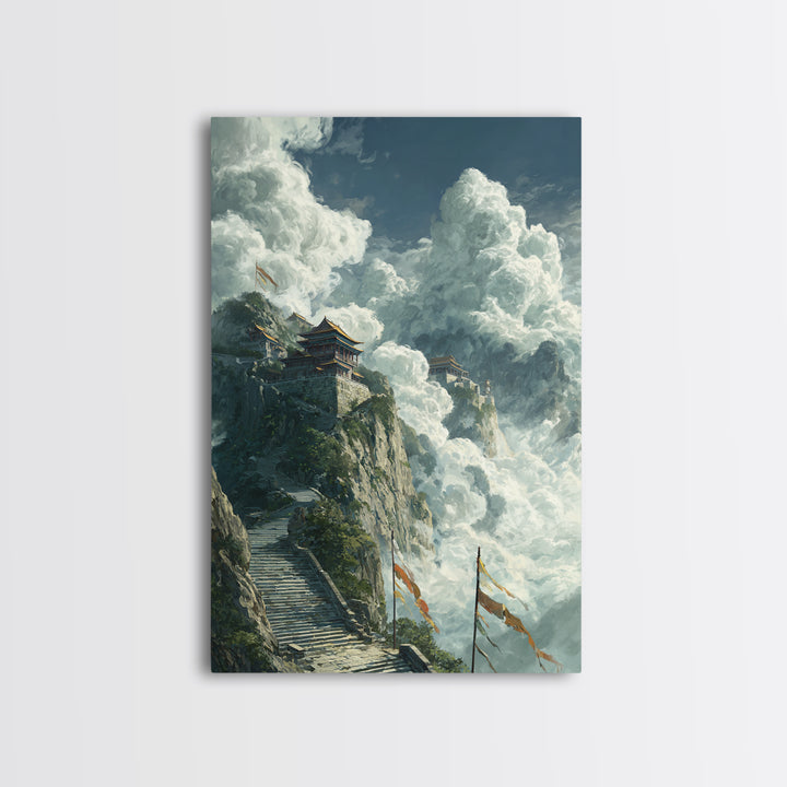 Epic Mountainous Landscape With Towering Clouds And Ancient Temple Original Scenic Wall Art Framed Canvas Print Dramatic Nature Painting