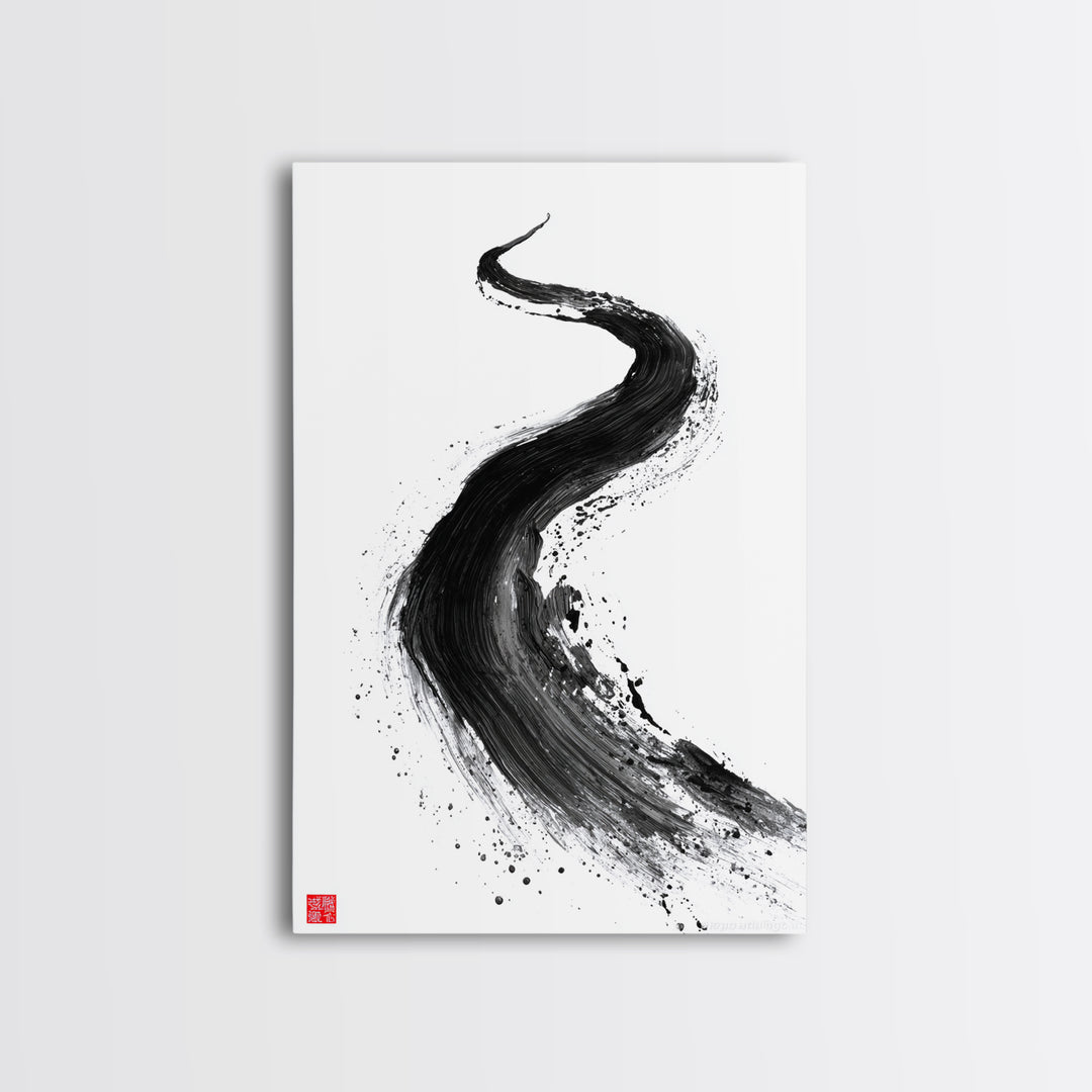 Dynamic Abstract Black Ink Brush Stroke Flow Calligraphy Art Print Minimalist Wall Art For Modern Home Decor Framed Canvas Print
