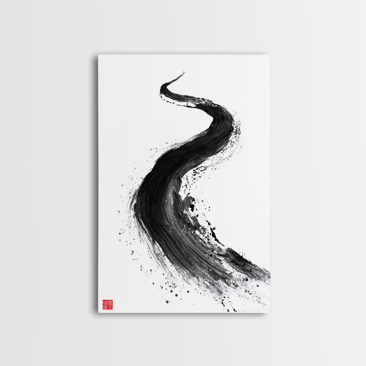Dynamic Abstract Black Ink Brush Stroke Flow Calligraphy Art Print Minimalist Wall Art For Modern Home Decor Framed Canvas Print