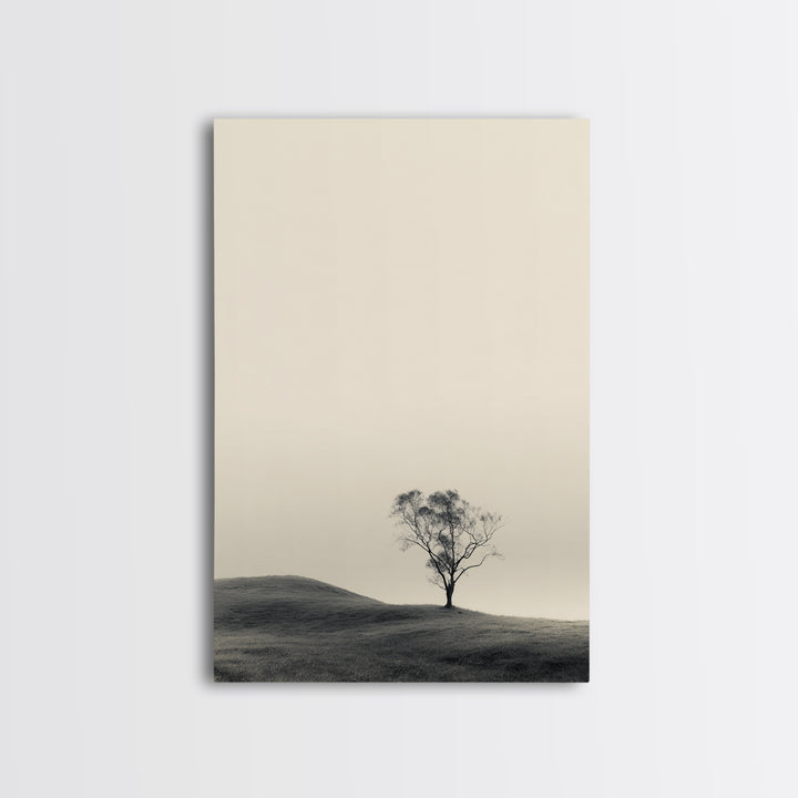 Solitary Tree Landscape Black White Minimalist Nature Wall Art Print Framed Canvas Print For Modern Home Decor
