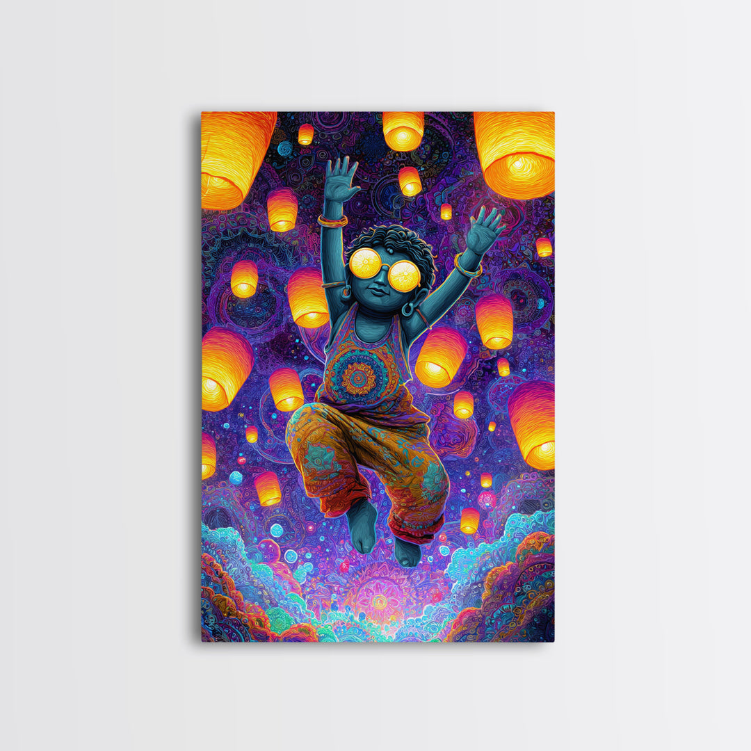 Joyful Blue Child With Lanterns Colorful Abstract Painting Wall Art For Kids Room