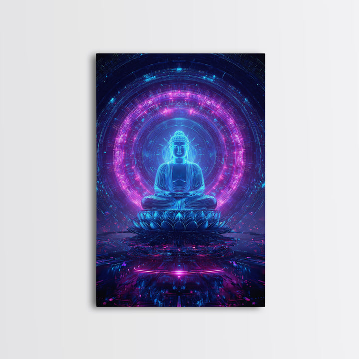 Futuristic Buddha Neon Cyber Meditation Spiritual Wall Art Framed Canvas Print for Modern Zen Home Decor