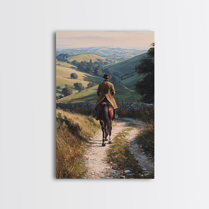 Equestrian Rider On Country Lane Framed Canvas Print, Rolling Hills Landscape Art, Horse Wall Decor, Rustic Farmhouse Decor