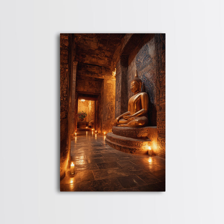 Ancient Temple Buddha Statue Lit By Candlelight Mystical Wall Art Canvas Print Sacred Asian Home Decor