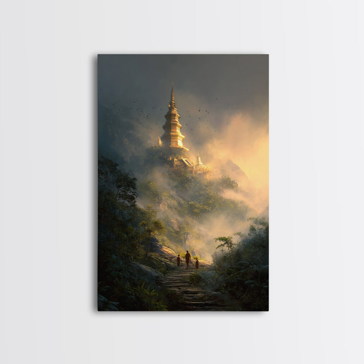Mystical Misty Mountain Temple Landscape Wall Art Canvas Print For Spiritual Home Decor And Calming Living Room Decoration