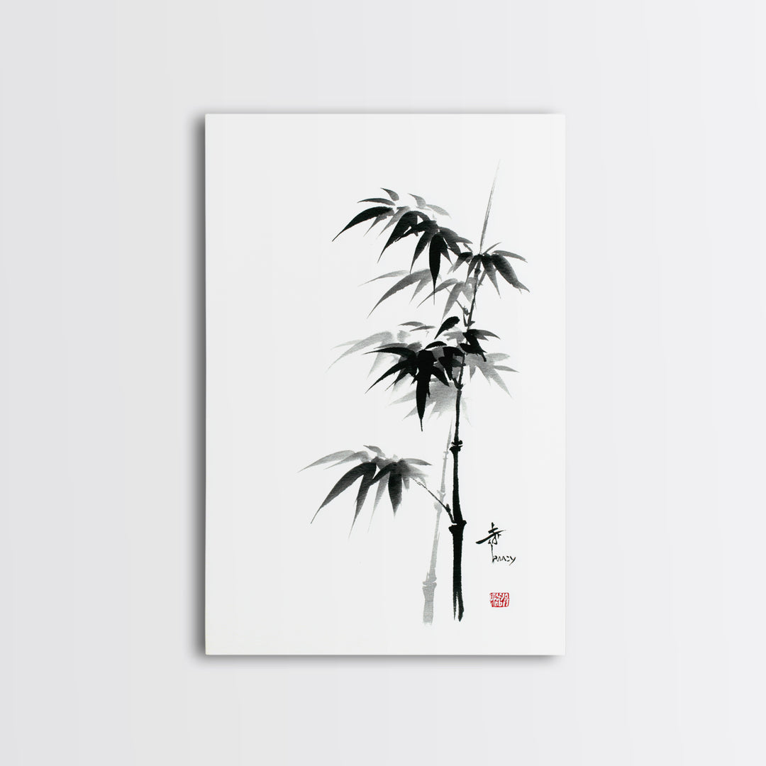 Traditional Black Ink Bamboo Painting Canvas Print, Japanese Sumi-e Style Wall Art, Elegant Minimalist Home Decor