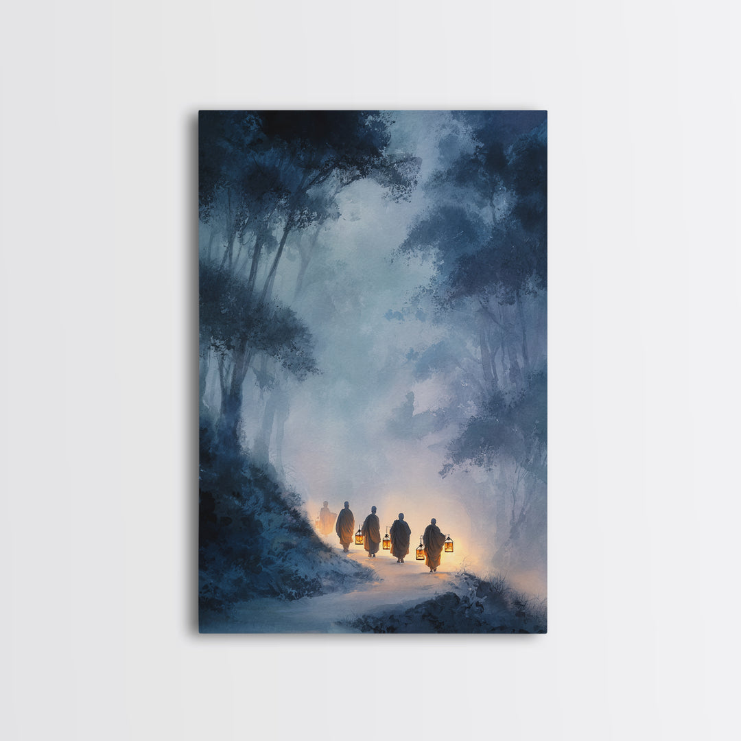 Mystical Buddhist Monks Carrying Lanterns Through Misty Forest Path Wall Art Print For Tranquil Home Decor