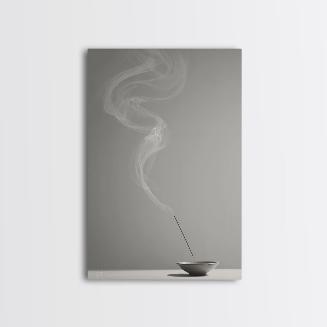 Mystical Incense Stick With Smoke Swirls On Minimalist Gray Background Canvas Print For Relaxation Spaces