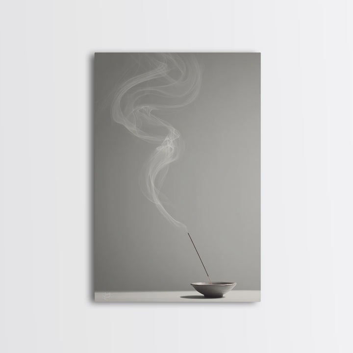 Mystical Incense Stick With Smoke Swirls On Minimalist Gray Background Canvas Print For Relaxation Spaces