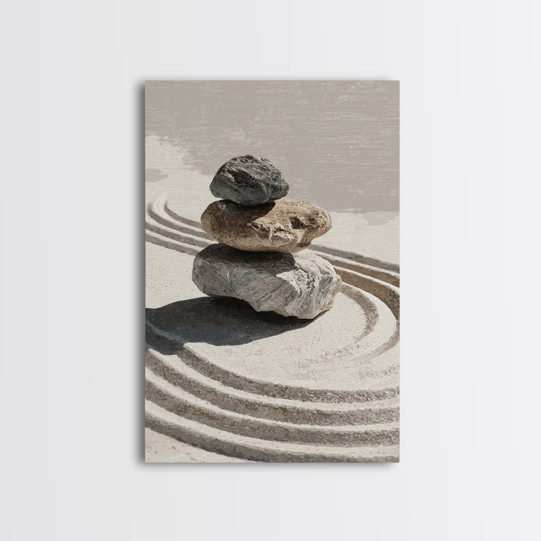 Zen Stones And Sand Minimalist Wall Art Print Tranquil Home Decor Framed Canvas Print