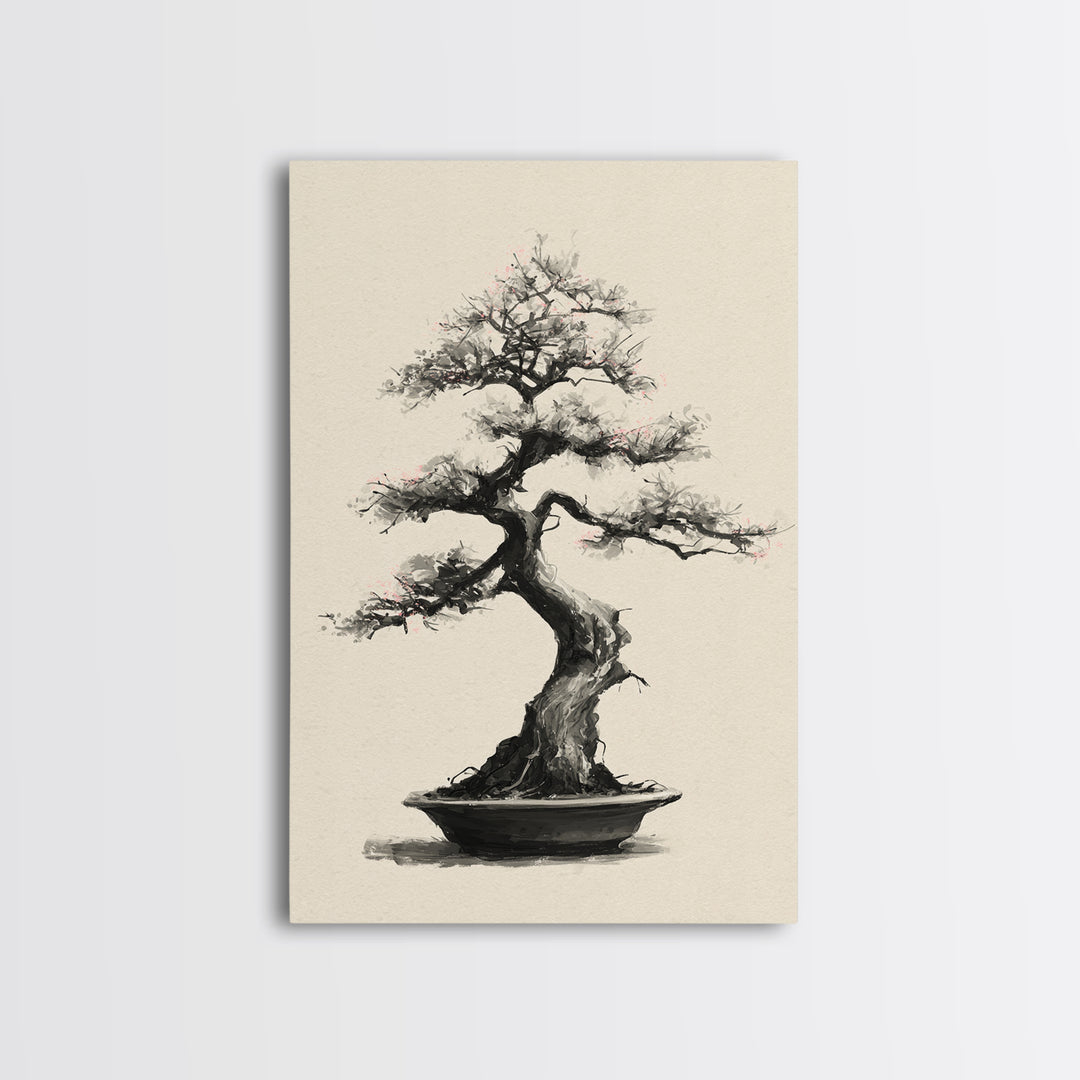 Delicate Bonsai Tree Traditional Ink Style Painting Wall Art Framed Canvas Print For Japanese Inspired Home Decor