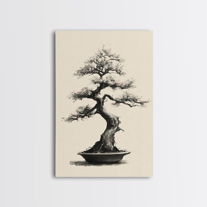 Delicate Bonsai Tree Traditional Ink Style Painting Wall Art Framed Canvas Print For Japanese Inspired Home Decor