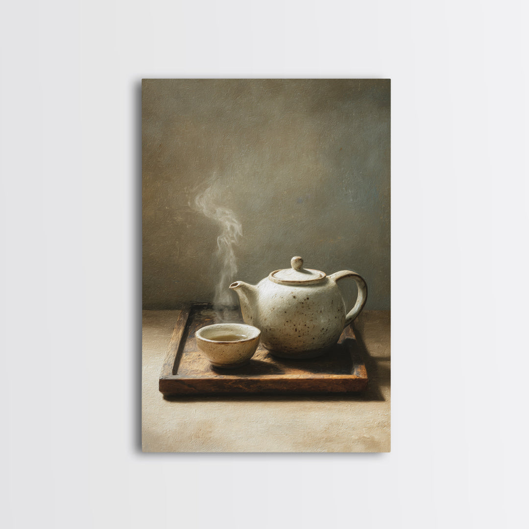 Minimalist Still Life With White Ceramic Teapot And Cup Steam Rising Wall Art Print Modern Canvas Print