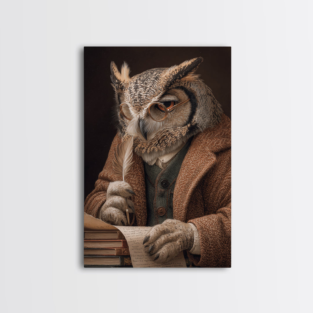 Wise Owl Scholar With Quill Wall Art, Whimsical Animal Portrait, Dark Academia Library Decor, Bird Art Print, Unique Gift
