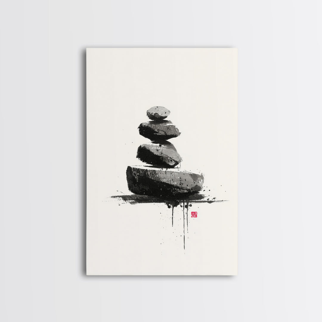 Zen Rock Balancing Japanese Ink Style Minimalist Wall Art Black And White Canvas Print For Modern Home Decor