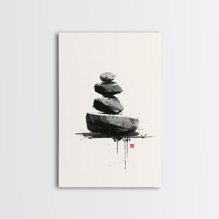 Zen Rock Balancing Japanese Ink Style Minimalist Wall Art Black And White Canvas Print For Modern Home Decor