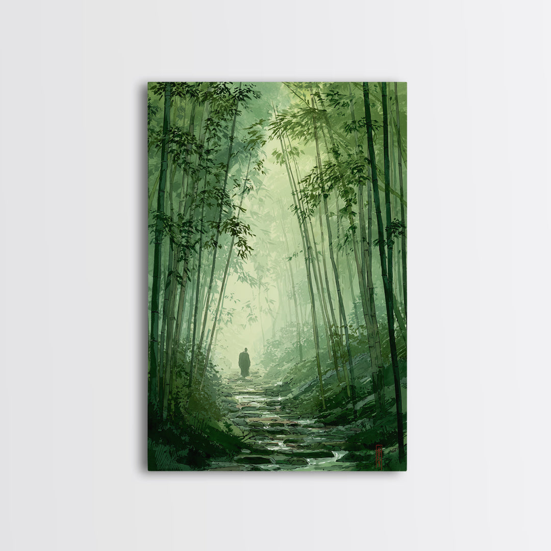 Quiet Green Bamboo Forest Path With Figure Walking Amongmist Framed Canvas Print For Serene Nature Wall Art And Home Decor