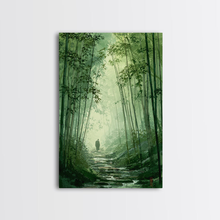 Quiet Green Bamboo Forest Path With Figure Walking Amongmist Framed Canvas Print For Serene Nature Wall Art And Home Decor