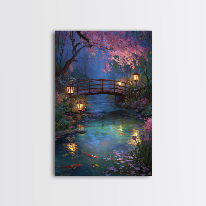 Serene Bridge Overpond With Glowing Lanterns And Koi Fish Wall Art Framed Canvas Print For Tranquil Home Decor
