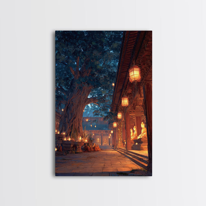 Peaceful Asian Temple And Monks At Dusk Digital Oil Painting Wall Art Canvas Print For Spiritual Home Decor
