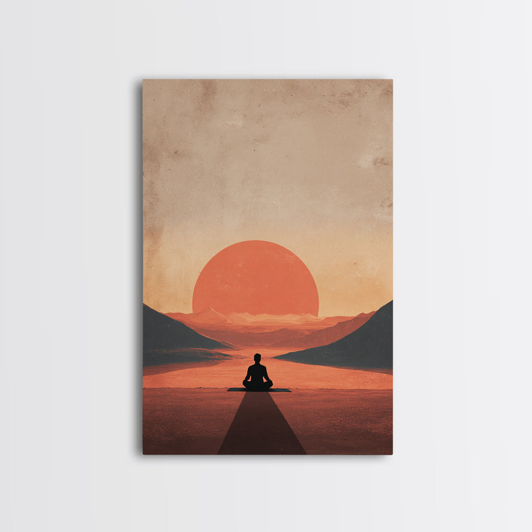 Meditative Silhouette Sunset Mountain Landscape Digital Art Canvas Print For Modern Wall Art And Home Decor