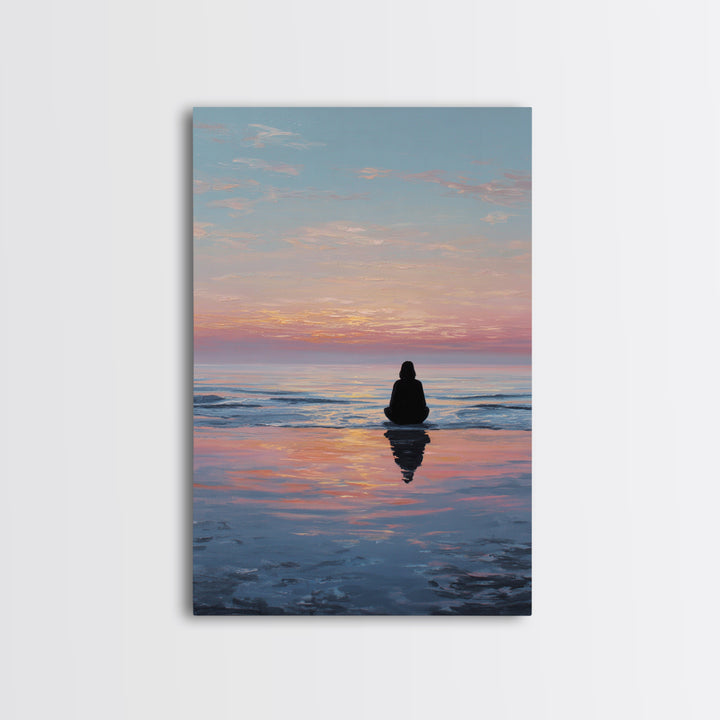 Serene Woman Meditating Beach Sunset Oil Painting Modern Wall Art Framed Canvas Print Peaceful Home Decor