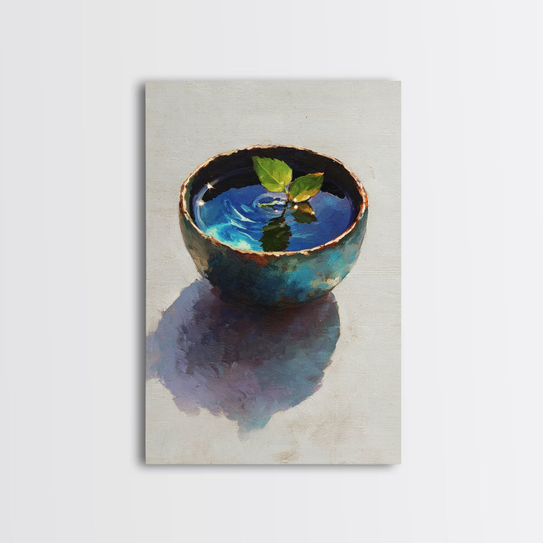 Rustic Blue Pottery Bowl With Leaf Reflection Oil Painting Framed Canvas Print For Home Decor And Wall Art