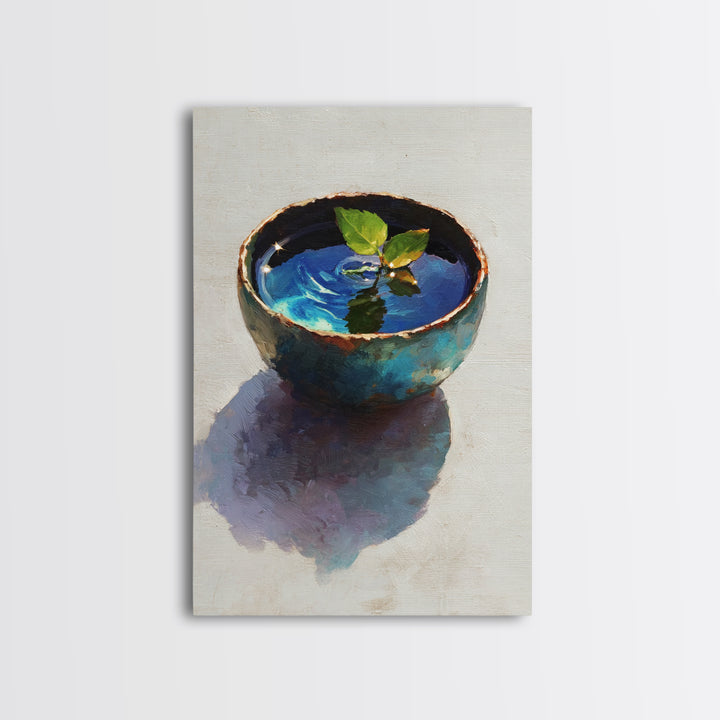 Rustic Blue Pottery Bowl With Leaf Reflection Oil Painting Framed Canvas Print For Home Decor And Wall Art