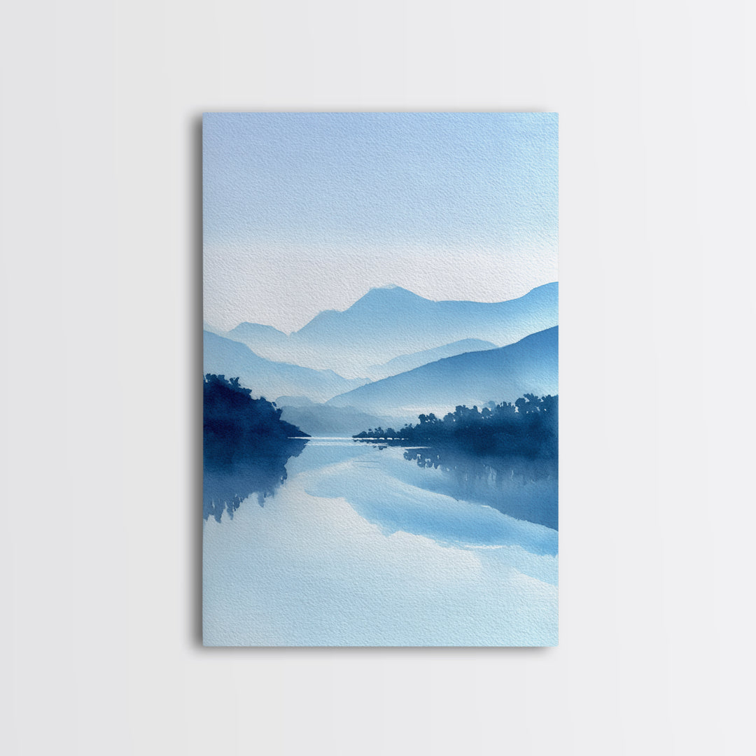 Tranquil Blue Mountain Landscape Painting Watercolor Style Canvas Print For Minimalist Bedroom And Office
