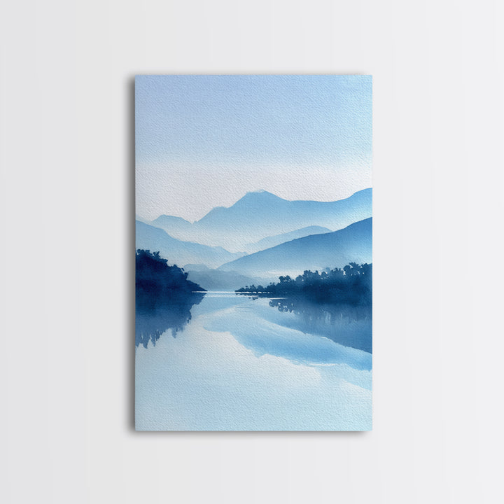 Tranquil Blue Mountain Landscape Painting Watercolor Style Canvas Print For Minimalist Bedroom And Office