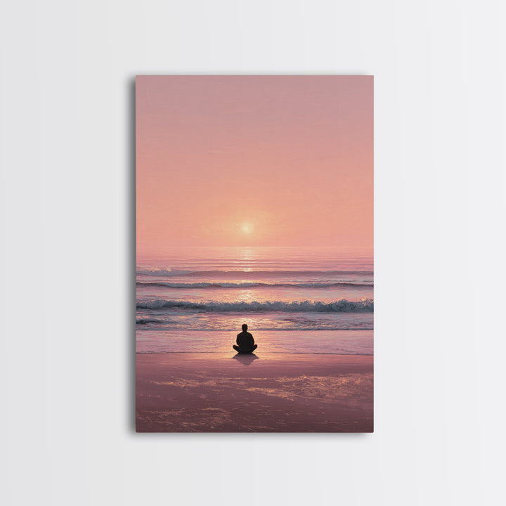 Meditative Seaside Sunset With Silhouette Sitting On Beach Wall Art Beautiful Ocean Canvas Print For Zen Home Decor