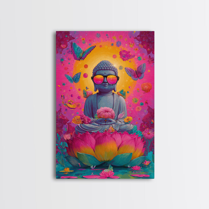 Futuristic Cityscape At Night With Neon Light Grid And Massive Pink Sun Vibrant Digital Artwork Canvas Print For Modern Office Decor