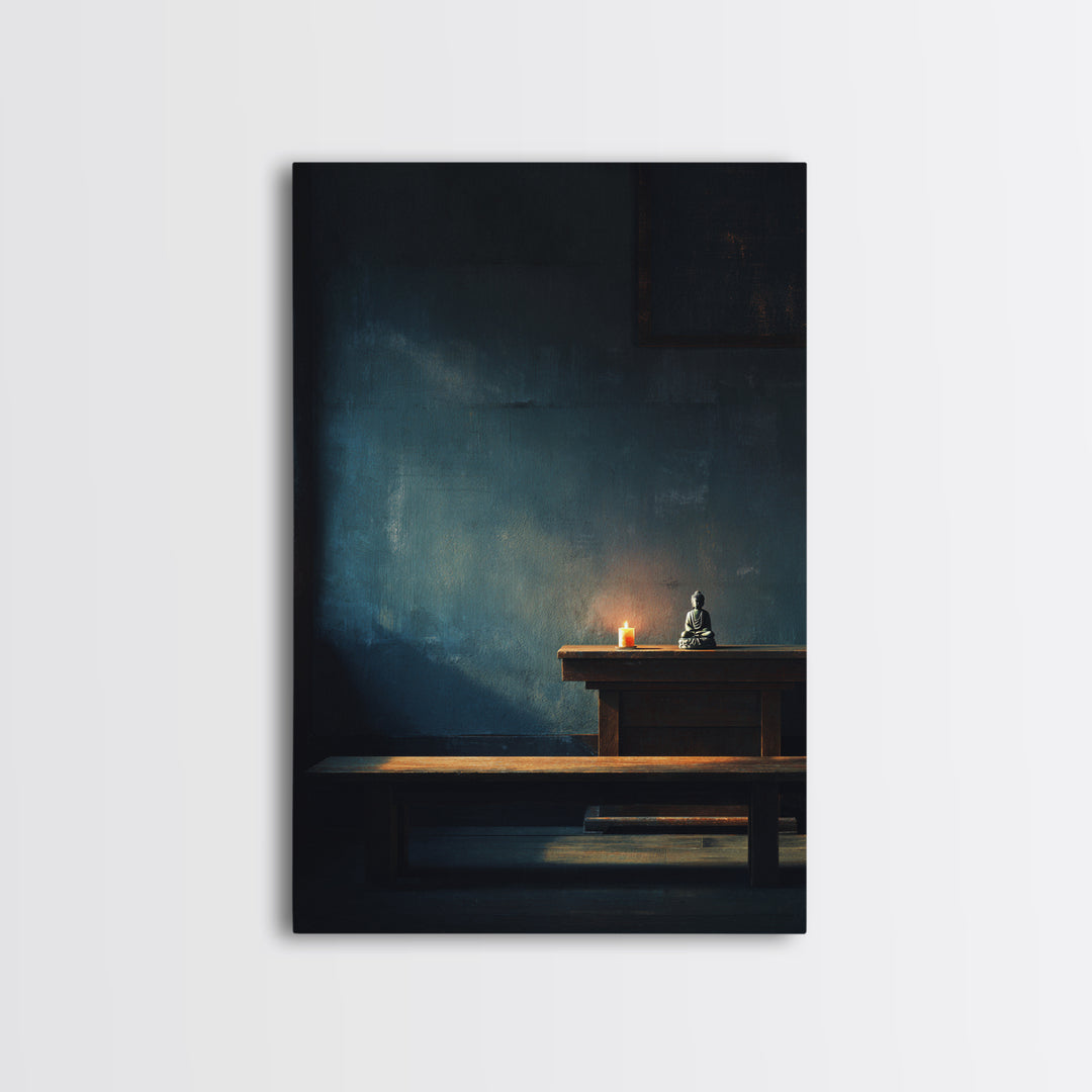 Serene Zen Meditation Room Wall Art Print With Buddha Statue And Candle Framed Canvas Print Minimalist Home Decor Tranquil Wall Art