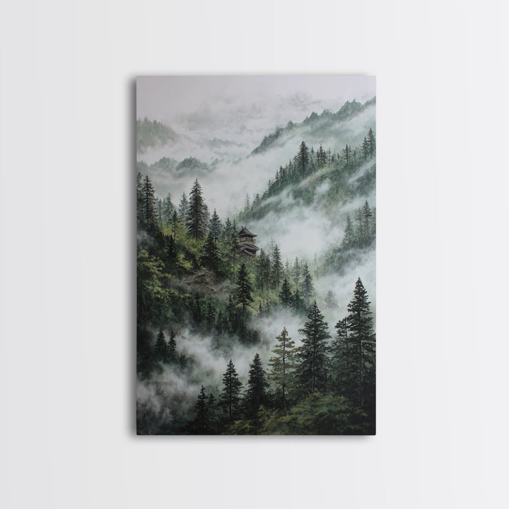 Mist Covered Mountain Landscape With Pine Trees And Hidden Cabin In The Forest Wall Art For Rustic Home Decor Canvas Print