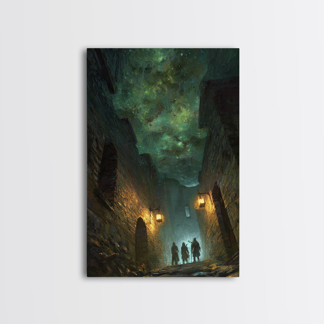Dark Fantasy Alley Under Green Sky Wall Art, Gothic Cityscape, Magical Night Poster, Dungeons And Dragons Decor, Gift For Gamer