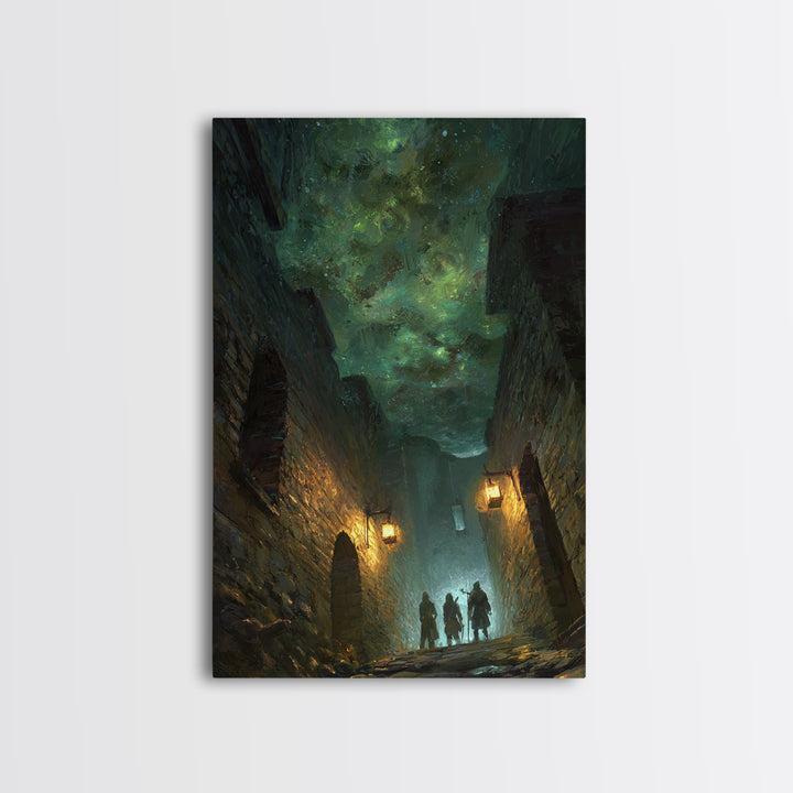 Dark Fantasy Alley Under Green Sky Wall Art, Gothic Cityscape, Magical Night Poster, Dungeons And Dragons Decor, Gift For Gamer