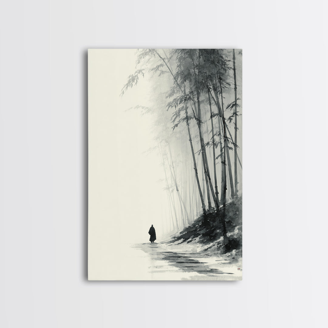 Minimalist Black And White Monochrome Painting Monk Walking In Bamboo Forest Wall Art Framed Canvas Print