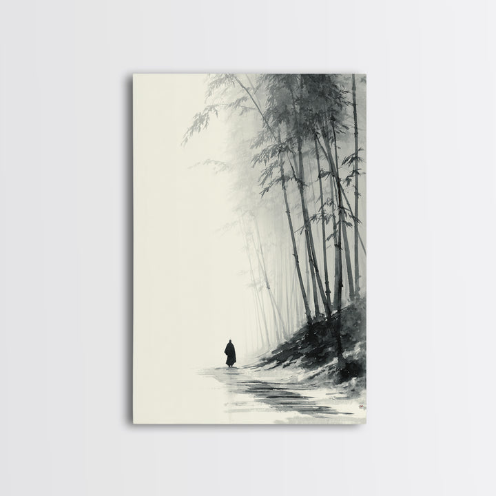 Minimalist Black And White Monochrome Painting Monk Walking In Bamboo Forest Wall Art Framed Canvas Print