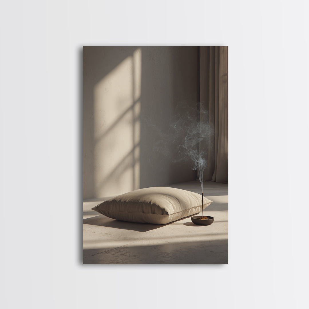 Minimalist Cozy Room With Soft Pillow And Burning Incense Stick Canvas Print Modern Wall Art For Bedroom Decor