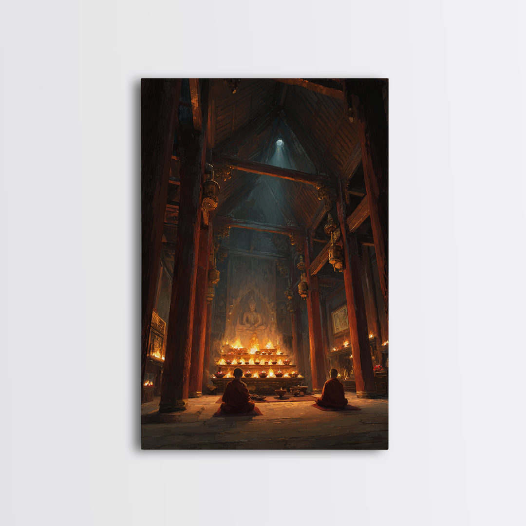 Ancient Temple Interior With Monks Meditating Spiritual Artwork Wall Art Framed Canvas Print For Meditation Room Decor