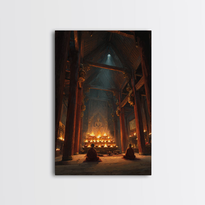 Ancient Temple Interior With Monks Meditating Spiritual Artwork Wall Art Framed Canvas Print For Meditation Room Decor