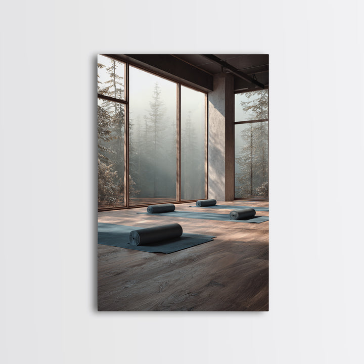 Tranquil Yoga Studio With Mountain View And Natural Light Wall Art Framed Canvas Print For Fitness And Wellness Spaces